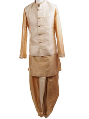 Gold Raw silk Kurta Dhoti set with Cream Brocade waistcoat - Bollywood, Weddings, Fancy Dress - SNC595PT - Prachy Creations