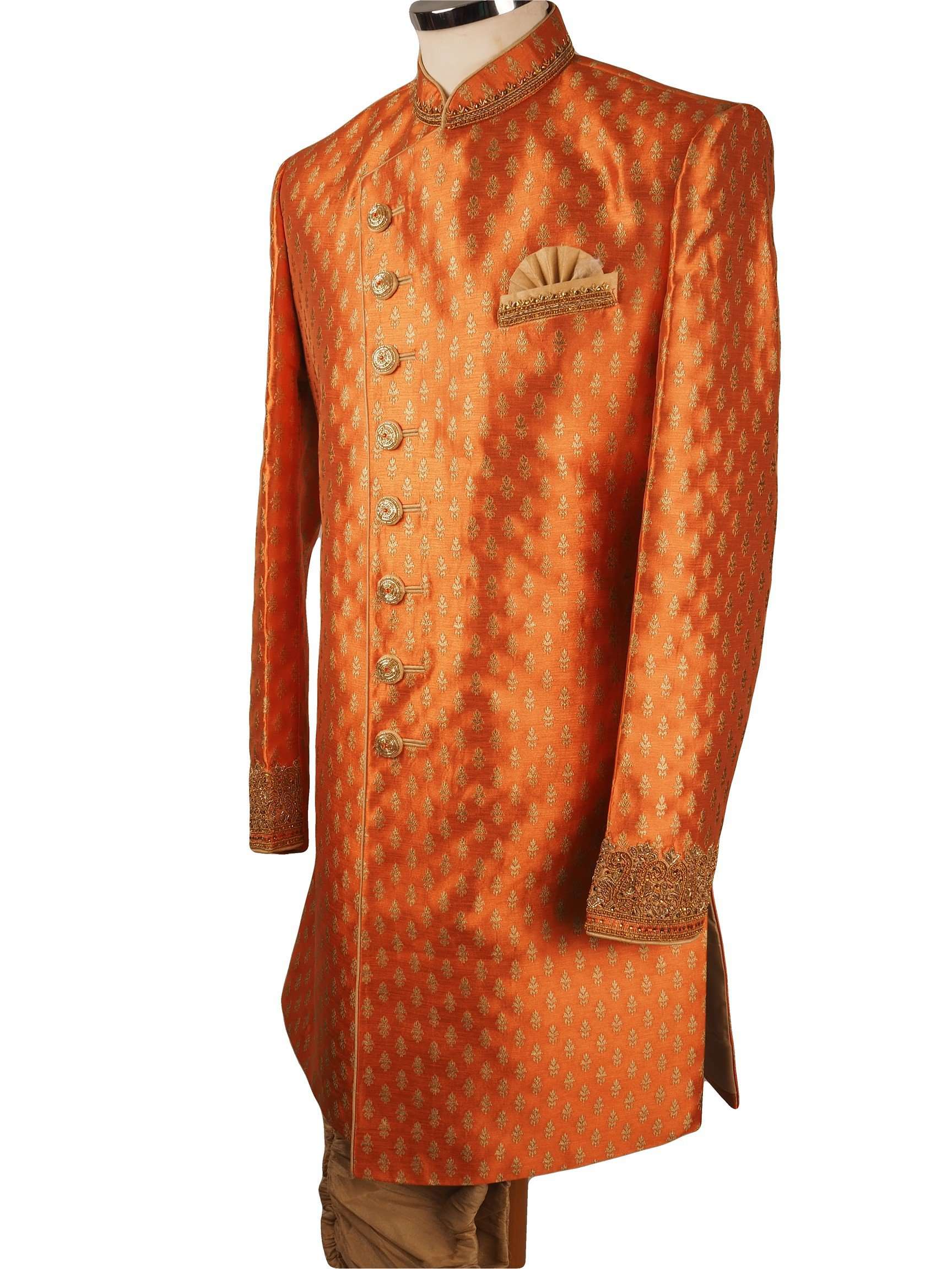 Orange Brocade Sherwani with churidar trousers -  SNC868CY 1018 - Prachy Creations