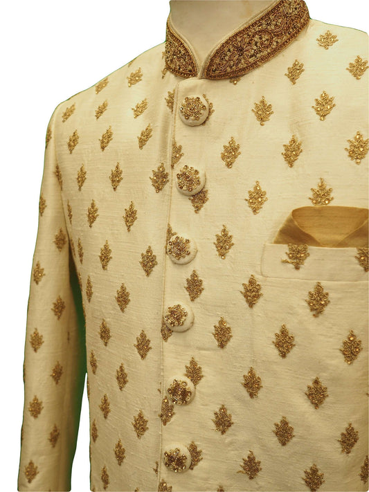 Hand embroidered Cream Sherwani with churidar trousers -  SNC88KYP 1018 - Prachy Creations