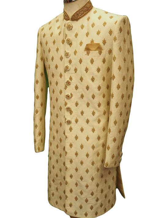Hand embroidered Cream Sherwani with churidar trousers -  SNC88KYP 1018 - Prachy Creations