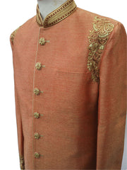Jute silk Sherwani in Coral Gold with churidar draw stringed trousers- DD-SW6103CY - Prachy Creations