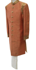 Jute silk Sherwani in Coral Gold with churidar draw stringed trousers- DD-SW6103CY - Prachy Creations