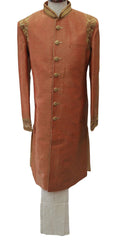 Jute silk Sherwani in Coral Gold with churidar draw stringed trousers- DD-SW6103CY - Prachy Creations