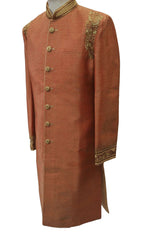 Jute silk Sherwani in Coral Gold with churidar draw stringed trousers- DD-SW6103CY - Prachy Creations