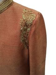 Jute silk Sherwani in Coral Gold with churidar draw stringed trousers- DD-SW6103CY - Prachy Creations