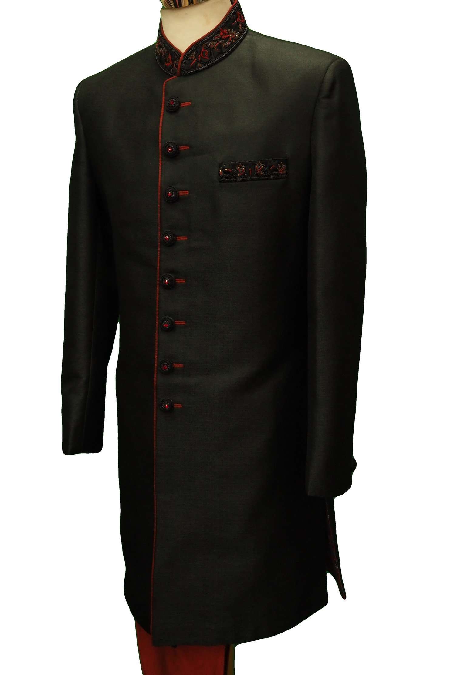 Mens Black Sherwani set - With red Churidar trousers - Bollywood Party Weddings - VFEW852 HY0819 - Prachy Creations