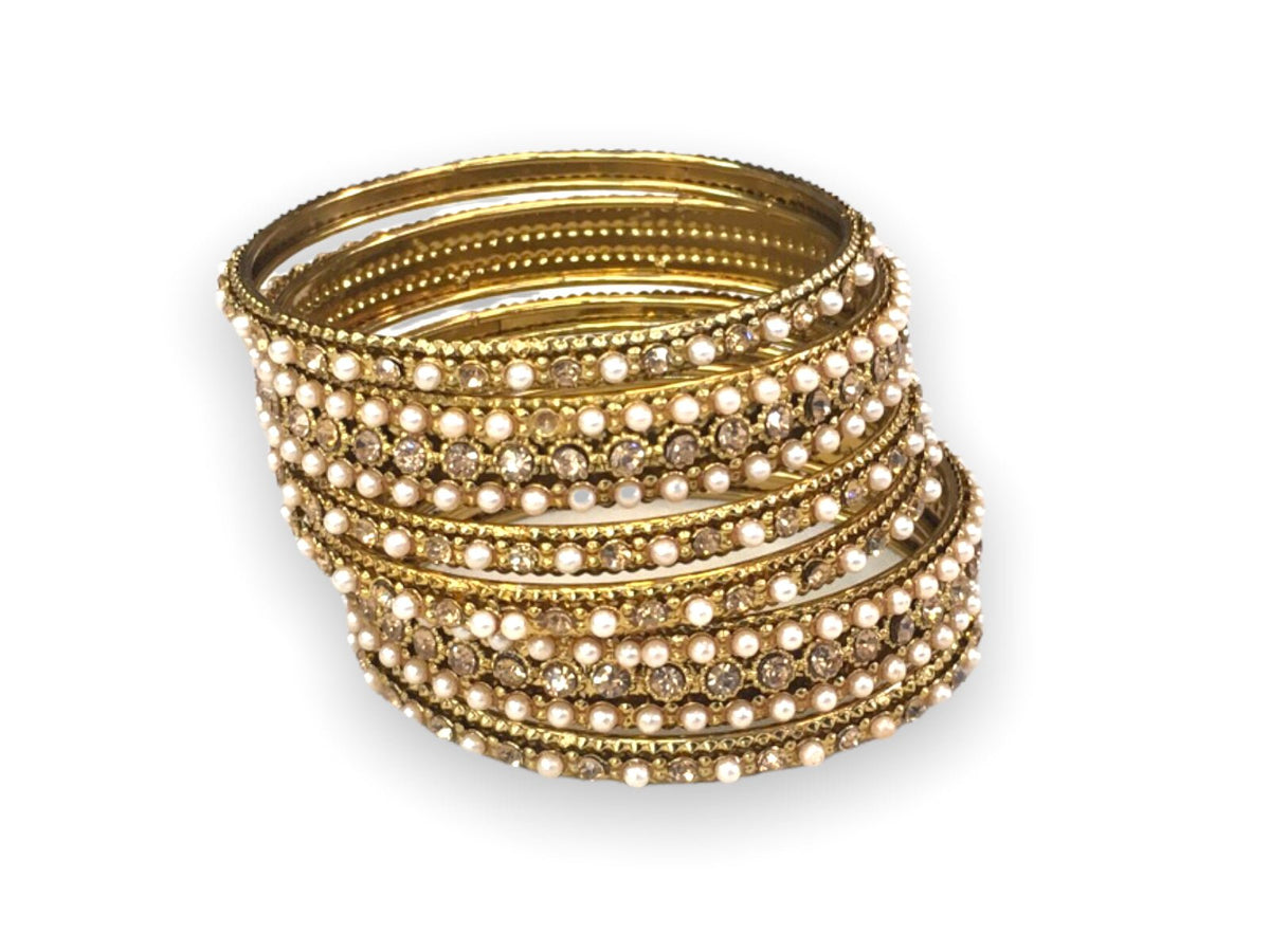 A set of 6 Pearl/ Gold stone Bangles - Bollywood, Weddings, Fancy Dress JAN1840 Vp0519 - Prachy Creations