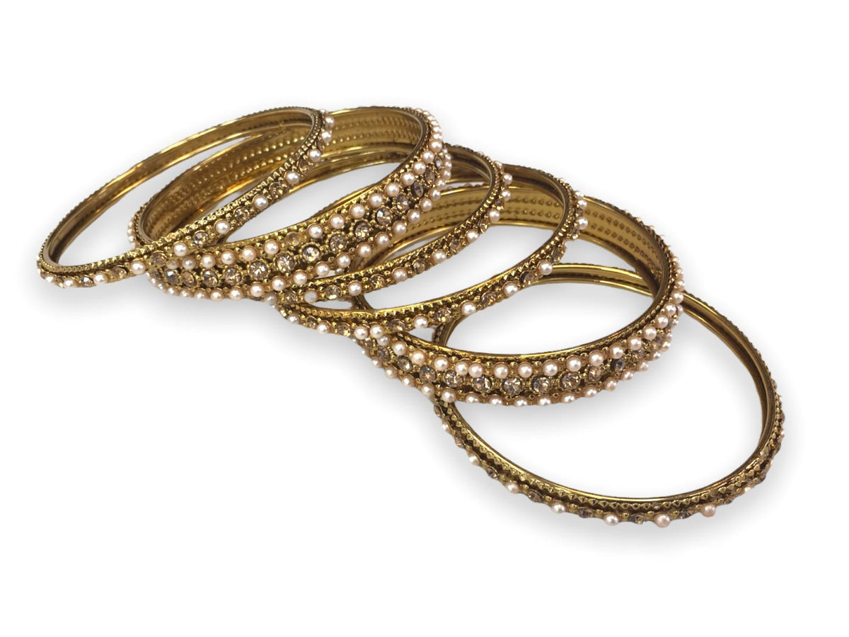 A set of 6 Pearl/ Gold stone Bangles - Bollywood, Weddings, Fancy Dress JAN1840 Vp0519 - Prachy Creations