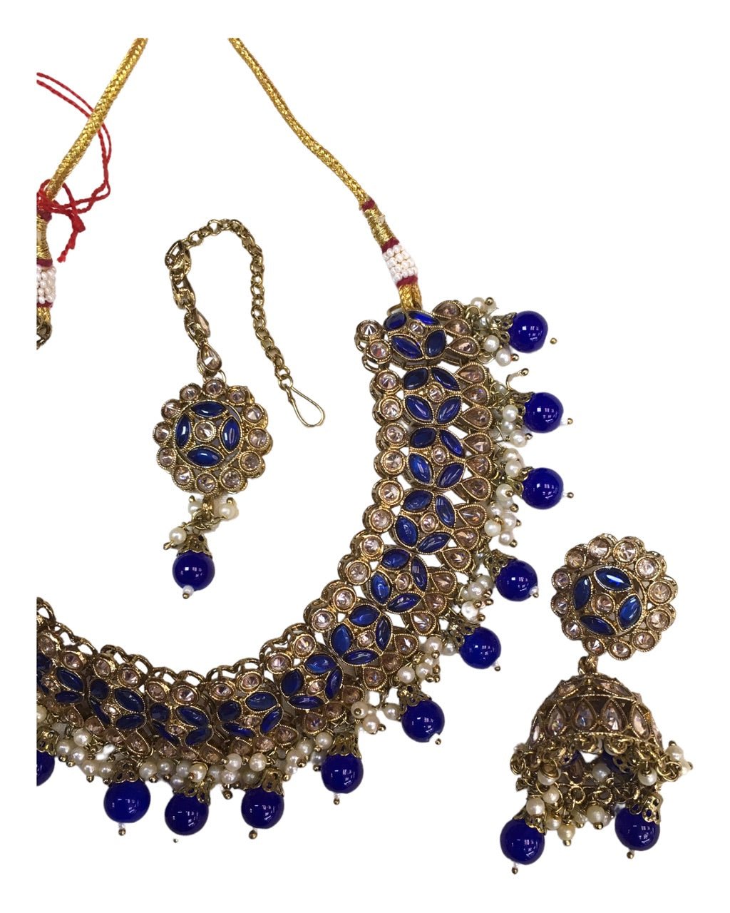 Blue - Medium Size Antique Finish Necklace Set with Earrings - MNA1122 KK 1122 - Prachy Creations