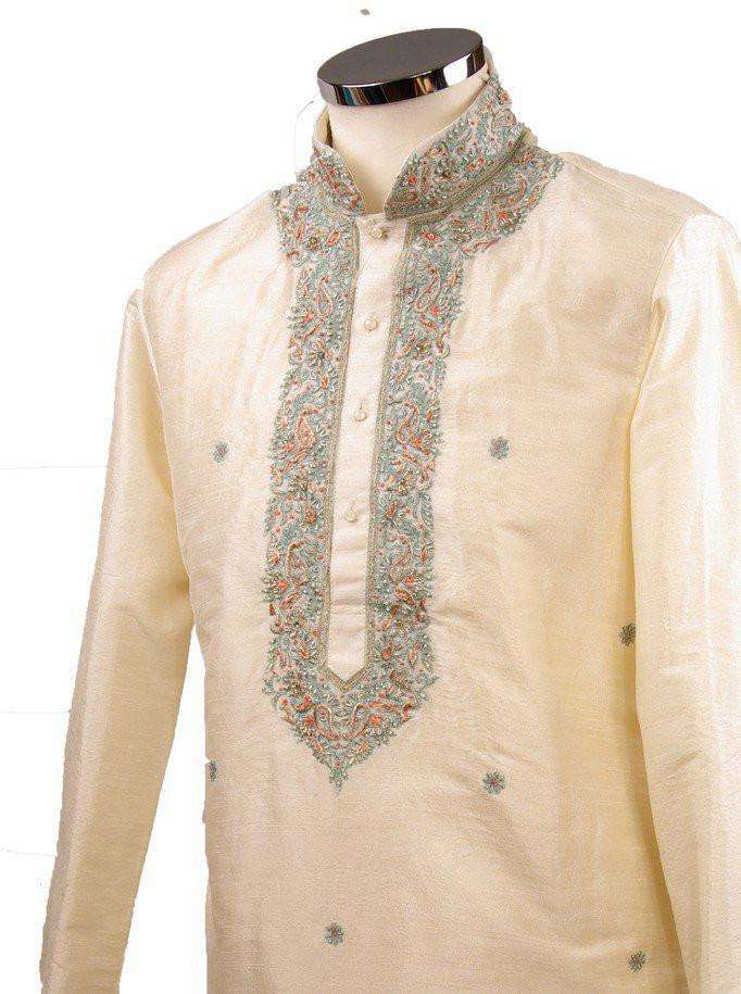 Classy Raw silk kurta set with antique embroidery on the neck and sleeves - CK 1800 - Prachy Creations