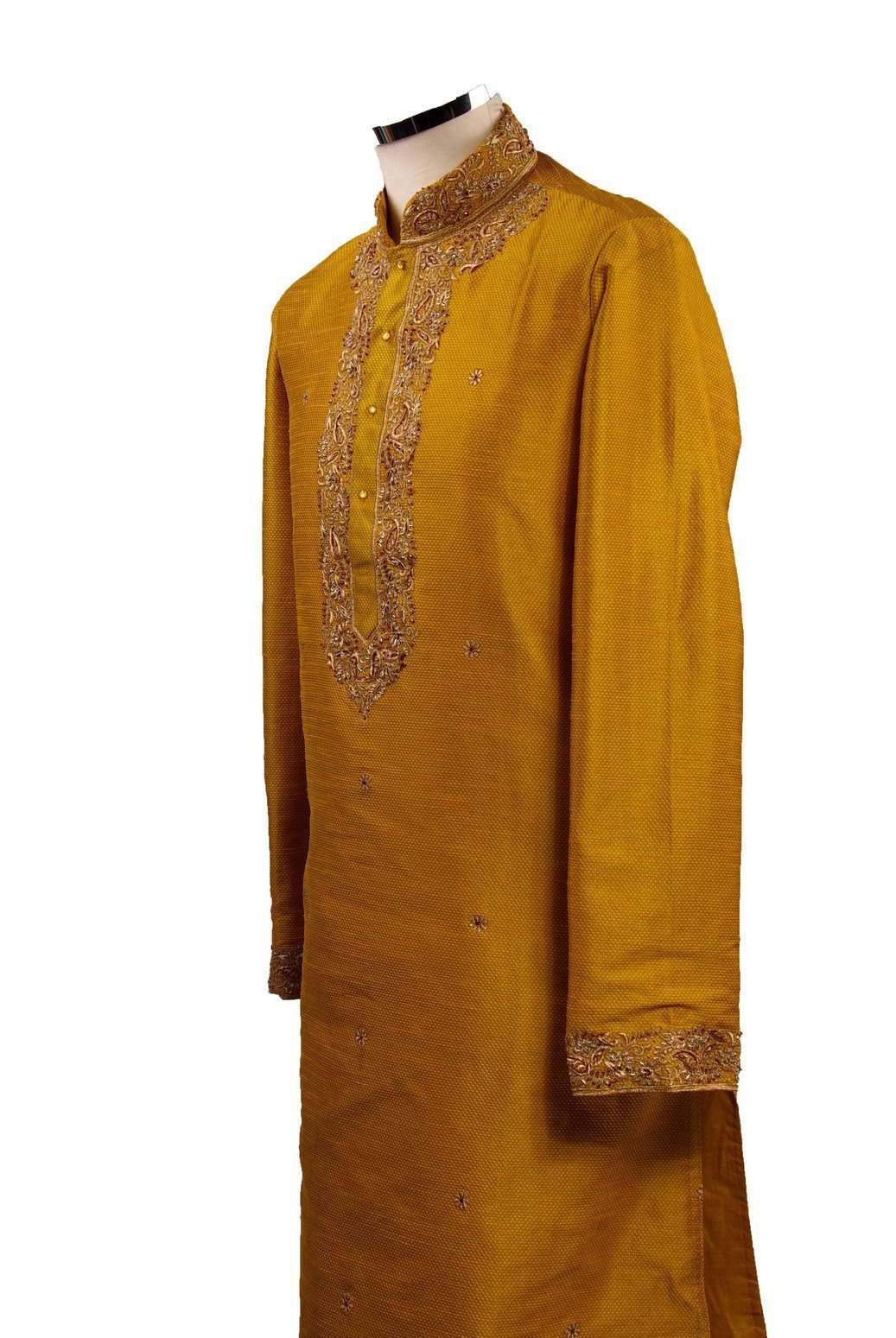 Classy Raw silk kurta set with antique embroidery on the neck and sleeves - CK 1800 - Prachy Creations
