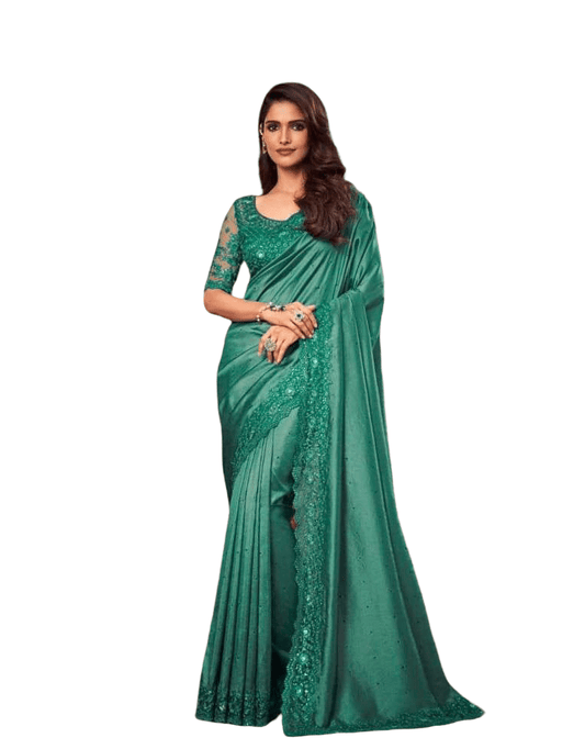 Designer Turquoise Green Saree with Embroidered Contrast Ready Blouse - ANM3114 TC0122 - Prachy Creations