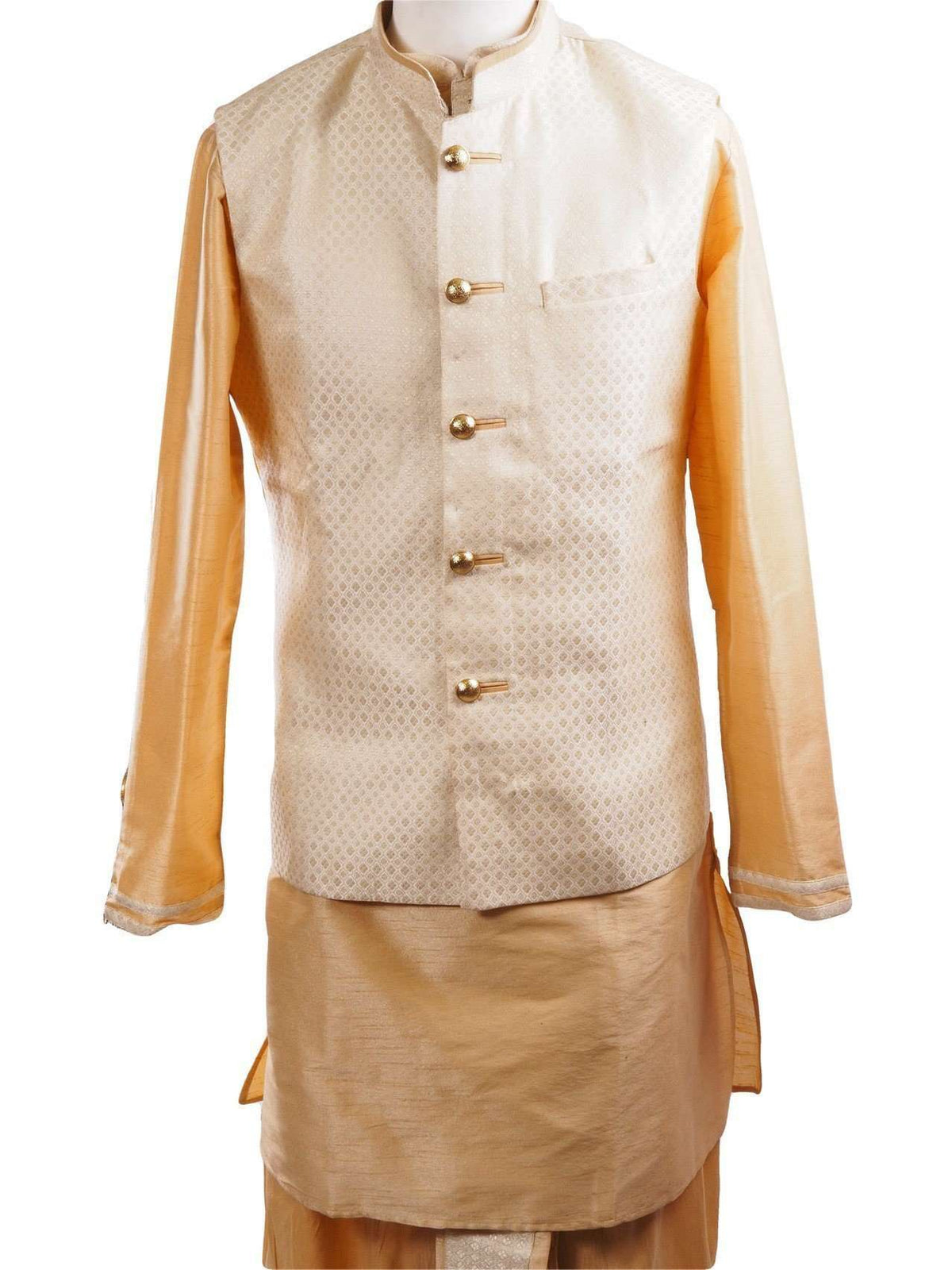 Gold Raw silk Kurta Dhoti set with Cream Brocade waistcoat - Bollywood, Weddings, Fancy Dress - SNC595PT - Prachy Creations