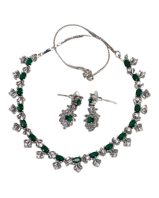 Green - AD Silver Finish Small Size Necklace Set with Earrings - PMJ11 C 0223 - Prachy Creations