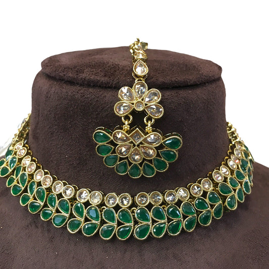 Green - Reverse Stone Necklace set with Earrings - AE2214 KP 0422 - Prachy Creations