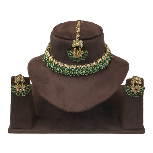 Green - Reverse Stone Necklace set with Earrings - AE2214 KP 0422 - Prachy Creations