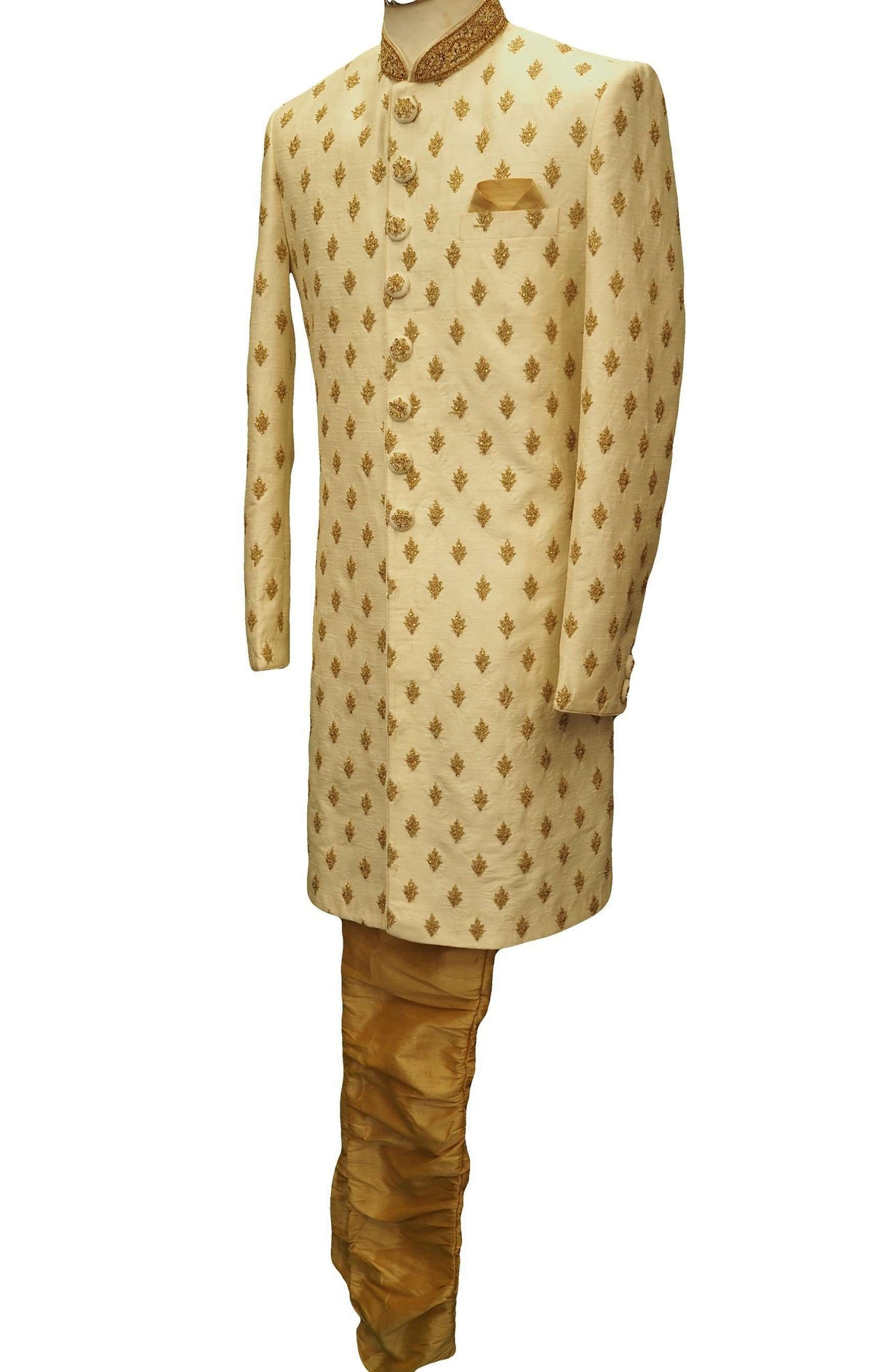 Hand embroidered Cream Sherwani with churidar trousers - SNC88KYP 1018 - Prachy Creations