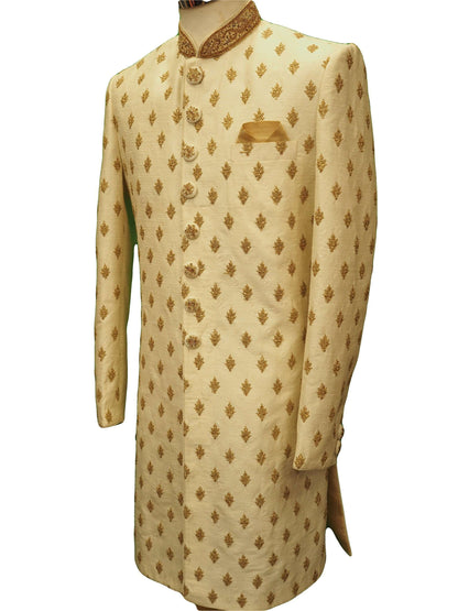 Hand embroidered Cream Sherwani with churidar trousers - SNC88KYP 1018 - Prachy Creations