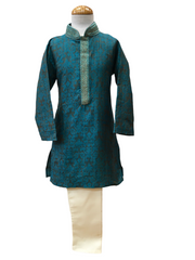 Bollywood / Indian weddings - Boys Turquoise Blue Brocade Gold Kurta set - KCS2215 Rp 0322