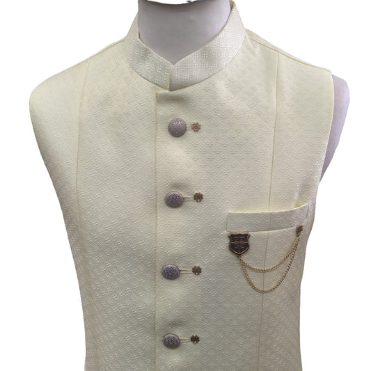 Lemon Yellow - Premium Self Brocade Mens Waistcoat - Amazing Fit - DG2207 KR 0522