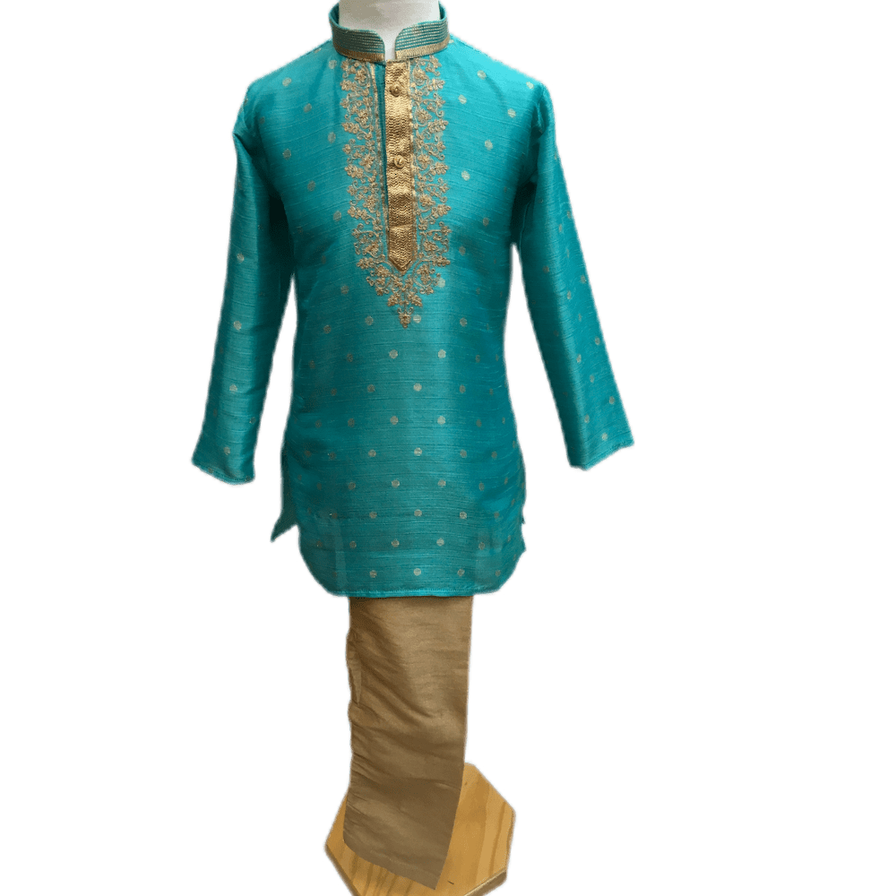 Boys Turquoise Blue Indian Churidar Set - Handloom Benarasi  -  Bollywood Party Weddings - CKB-VL1915 KT1219 - Prachy Creations