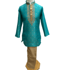 Boys Turquoise Blue Indian Churidar Set - Handloom Benarasi  -  Bollywood Party Weddings - CKB-VL1915 KT1219 - Prachy Creations