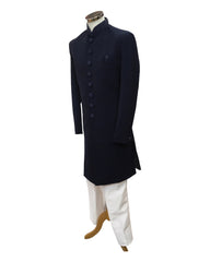 Stunning Navy Blue Self Coloured Embroidery Sherwani with Cream Trousers -  SHU2301 JR0123