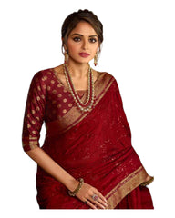 Maroon - Crepe Silky Saree with Fancy Ready made Blouse - VF24907 VP0922