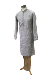 Silver Grey- Mens Banarasi Handloom Kurta Set - LOGAN TY0322