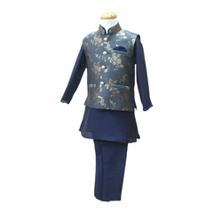 Bollywood / Indian weddings - Boys Grey Brocade Waistcoat and Navy Kurta set - KCS2116KK 1121