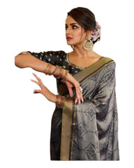 Grey - Crepe Silky Saree with Fancy Ready made Blouse - VF24904 VP0922