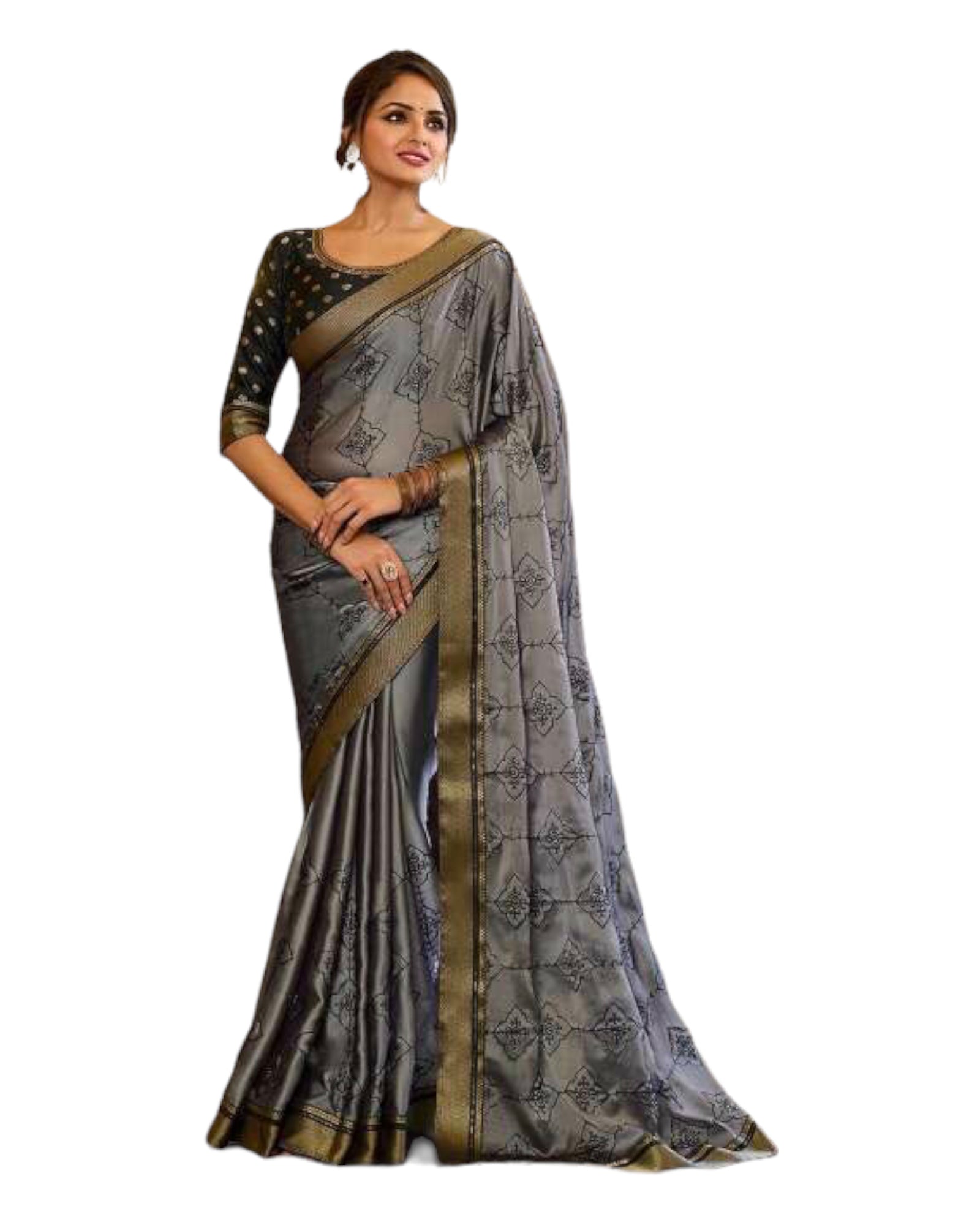 Grey - Crepe Silky Saree with Fancy Ready made Blouse - VF24904 VP0922