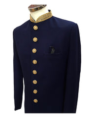 Stunning Navy Blue Linen Sherwani with Gold Trousers -  SHU2201 JR0322