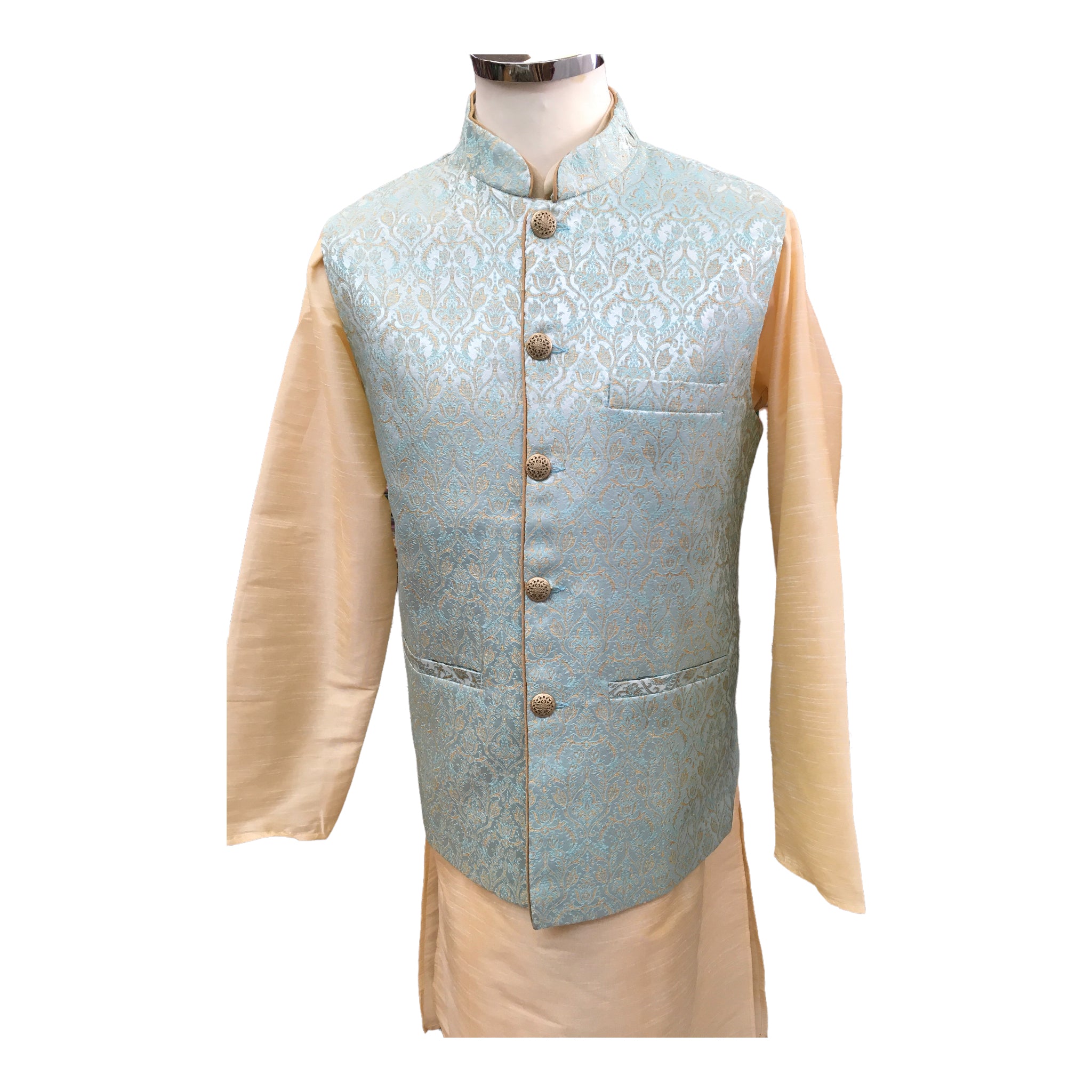 Light Blue - Banarasi Handloom Brocade Mens Waistcoat - Bollywood - KCS2223 KJ 0722