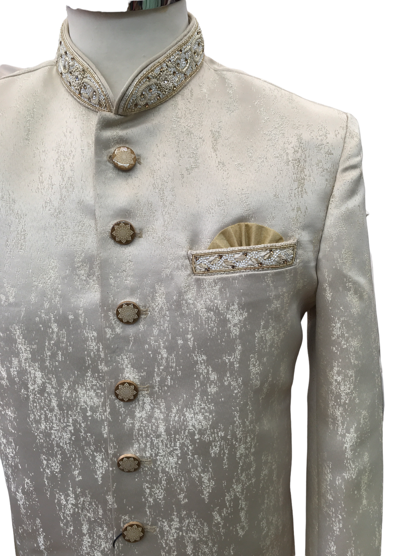 Mens Stunning Self Brocade Cream Gold Sherwani with Trousers -  CS-JP033PY 0322