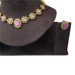 Pink - Antique Gold Finish Choker Necklace set - Sangeet , Mehndi, Weddings - AE2139 C1221
