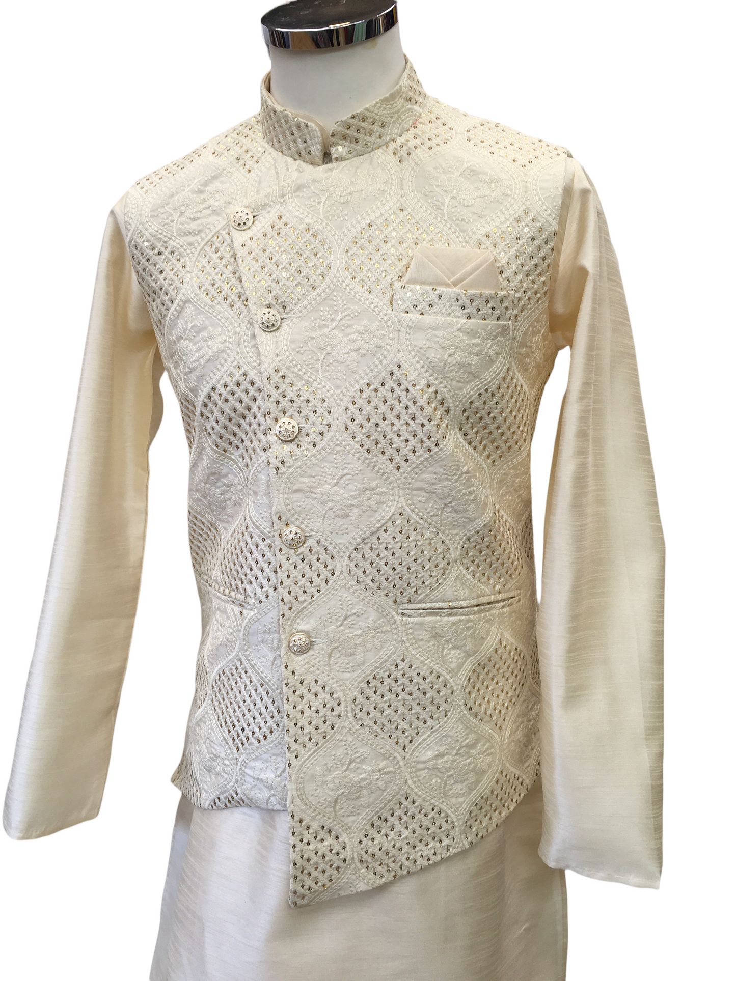 Ivory Gold -  Mens Kurta Set with Rich Brocade Waistcoat  - PALIO JY0322