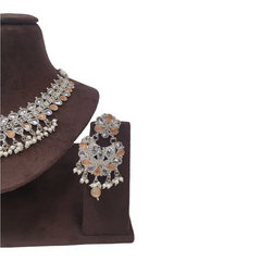 Peach - Silver Finish Choker Necklace set - Sangeet , Mehndi, Weddings - HR932 KJ1221