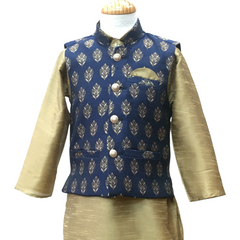 Bollywood / Indian weddings - Boys Navy Blue Brocade Waistcoat and Gold Kurta set - KCS2114KK 1121