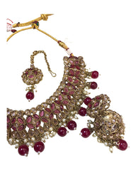 Magenta - Medium Size Antique Finish Necklace Set with Earrings - MNA1122 KK 1122