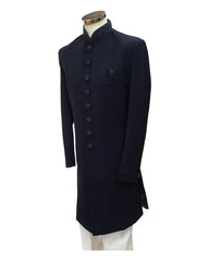 Stunning Navy Blue Self Coloured Embroidery Sherwani with Cream Trousers -  SHU2301 JR0123