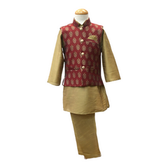 Bollywood / Indian weddings - Boys Red Brocade Waistcoat and Gold Kurta set - KCS2113KK 1121