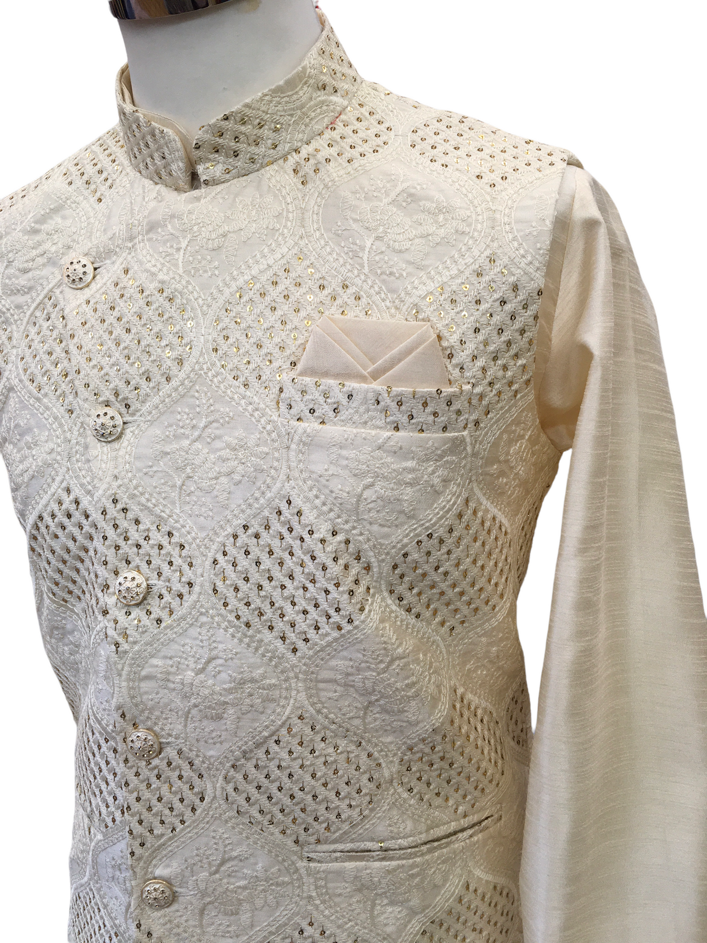 Ivory Gold -  Mens Kurta Set with Rich Brocade Waistcoat  - PALIO JY0322