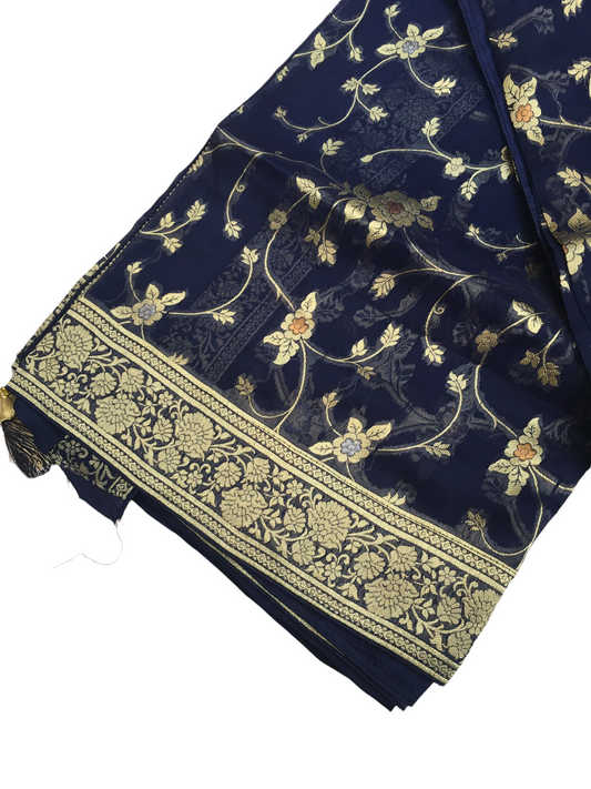 Navy Blue - Banarasi Chiffon Saree with Blouse Piece - SS2216 JV0322