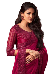 Designer Fuchsia Pink Saree with Embroidered Contrast  Ready Blouse - ANM3111 TC0122