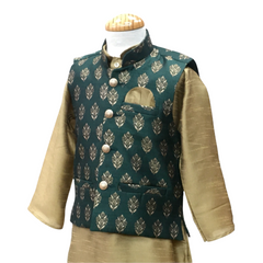 Bollywood / Indian weddings - Boys Green Brocade Waistcoat and Gold Kurta set - KCS2115KK 1121