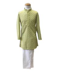 Bollywood / Weddings - Boys Mint Green Pure Cotton Chikan Kurta set - Emperor KP 0822