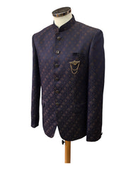 Mens Navy Blue Brocade BandhGala / Prince / Chinese Collar Jacket - Fantastic Fit - CS2302 JP 0123