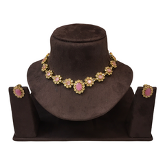 Pink - Antique Gold Finish Choker Necklace set - Sangeet , Mehndi, Weddings - AE2139 C1221