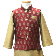 Bollywood / Indian weddings - Boys Red Brocade Waistcoat and Gold Kurta set - KCS2113KK 1121